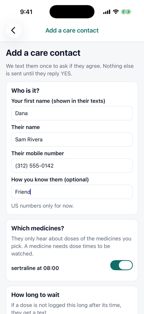 Add a care contact screen with the name, mobile number, and medicine choices filled in