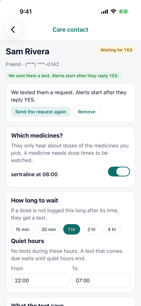 The saved contact showing the status Waiting for YES